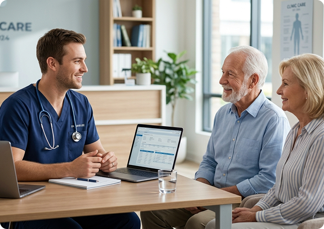 Clinician speaking with patients during a visit