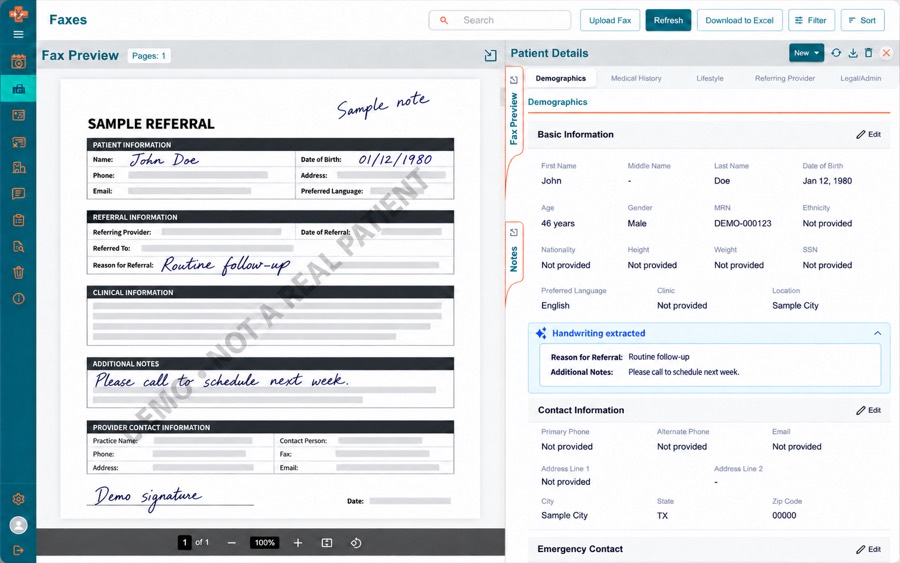 Fictional fax intake dashboard showing a sample referral and synthetic patient details