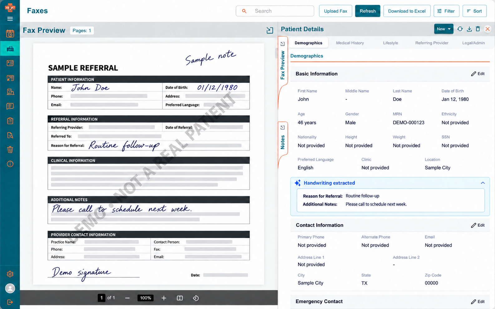 Fictional fax intake dashboard showing a sample referral and synthetic patient details