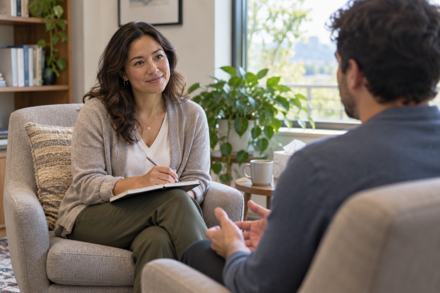 Mental health clinician listening to a patient in a private consultation