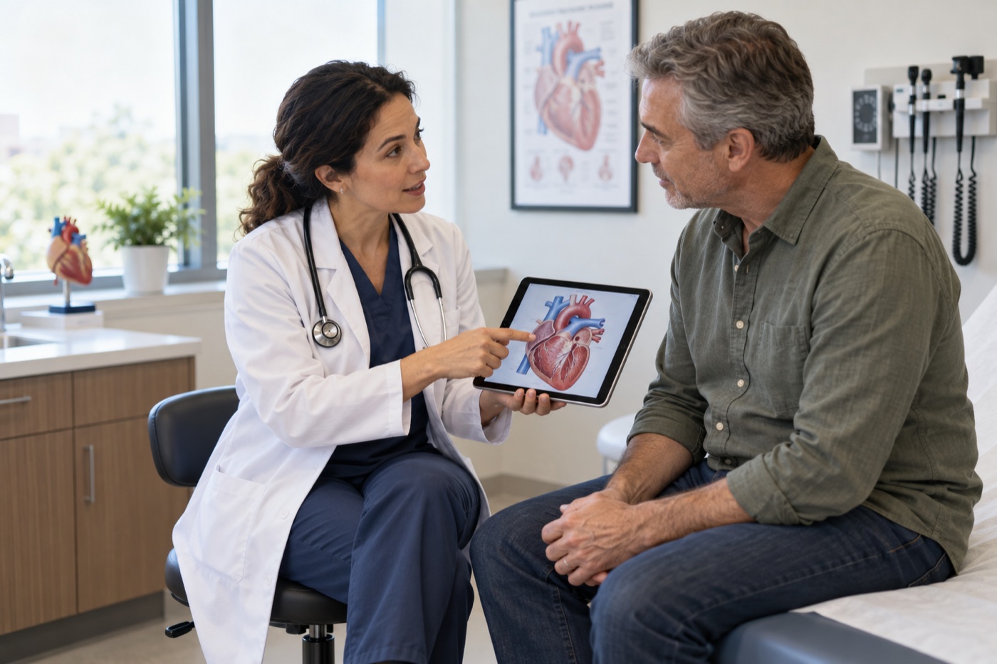 Cardiologist reviewing a heart illustration with a patient