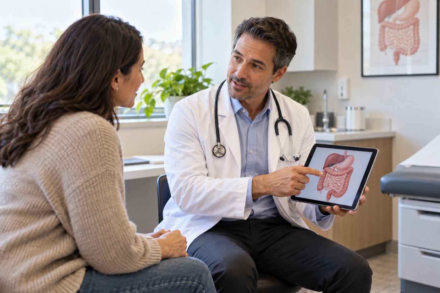 Gastroenterologist discussing care with a patient