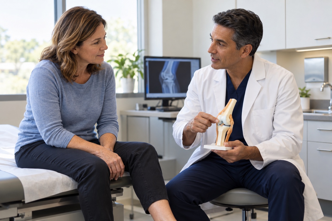 Orthopedic clinician discussing knee recovery with a patient